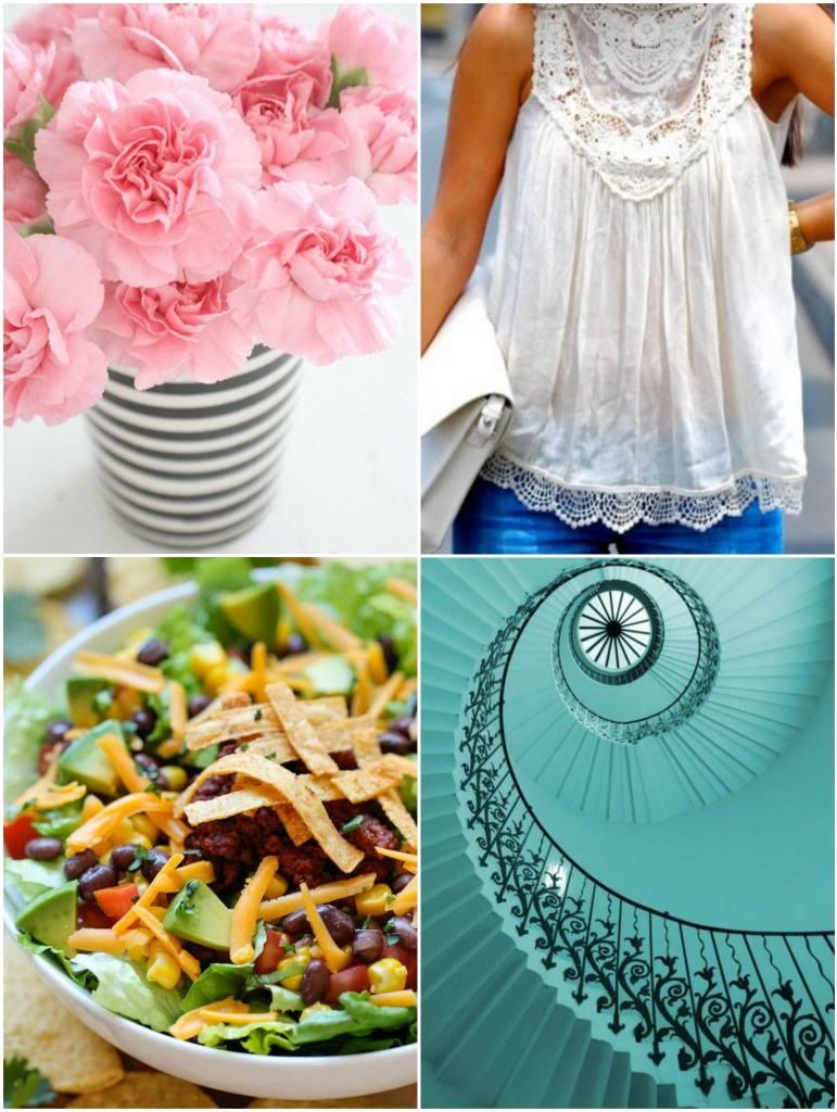 What I'm Loving flowers, flowy shirts, taco salad, teal staircase, collage