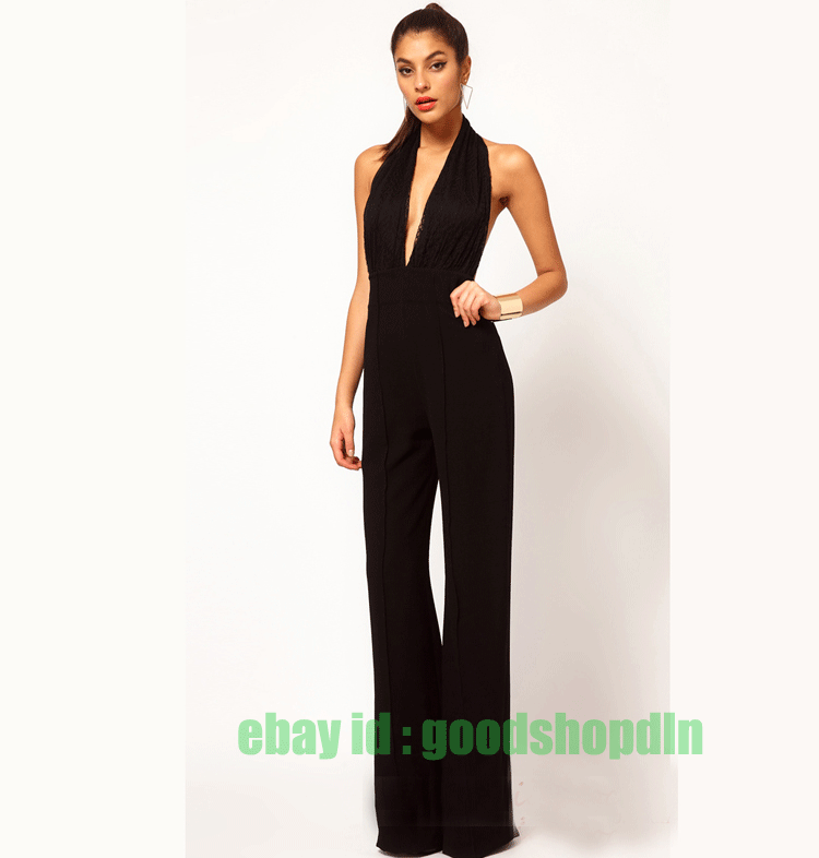 HotSexy Womens Ladies Deep V-neck One-piece Black Jumpsuit Halterneck ...